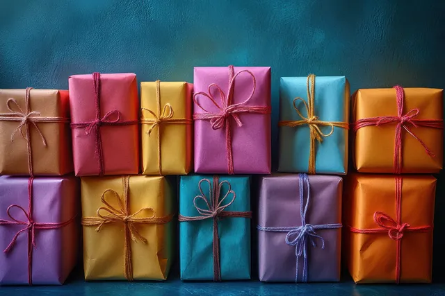 Colorful wrapped gift boxes with gold and red ribbons are arranged in rows on a blue background.