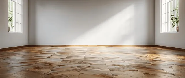 Empty room corner with white wall and herringbone wooden parquet floor lit by soft daylight.