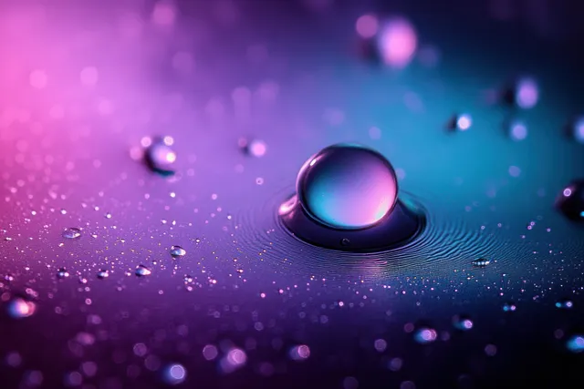 Single water droplet on a smooth surface with tiny surrounding droplets glowing in purple and blue light.