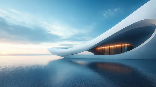 A futuristic curved white building with glowing interior lines reflects on calm water beneath a sunset sky.