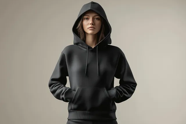 Black zip-up hoodie worn by model, front and back studio mockup view