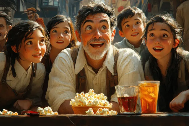 Family members cheer together on a couch with popcorn and drinks while watching a football match on TV.
