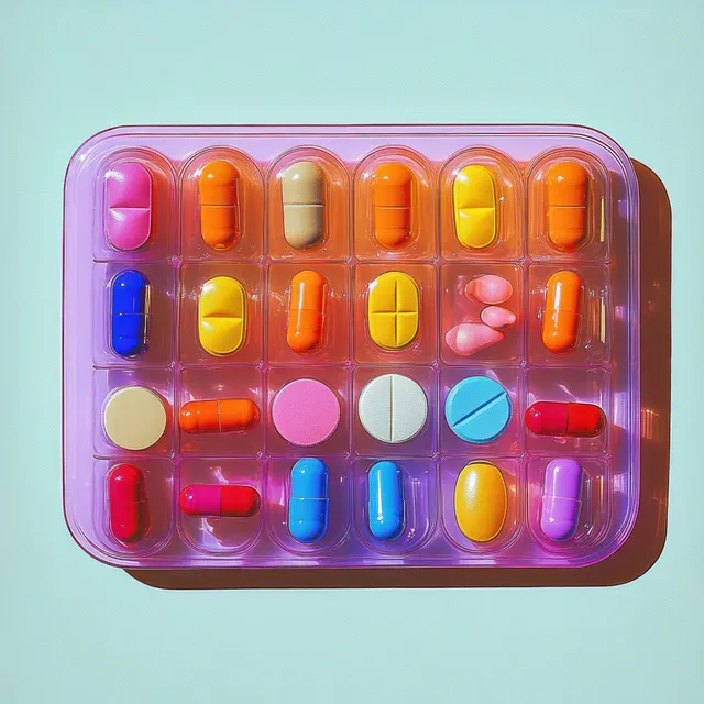 Multicolored pills in pink compartment organizer on a light blue background