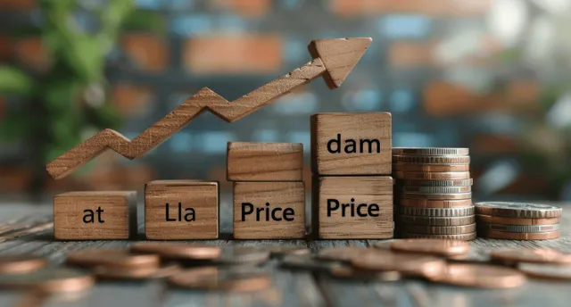 Coins and wooden blocks labeled price sit under an upward arrow, suggesting inflation and rising costs.