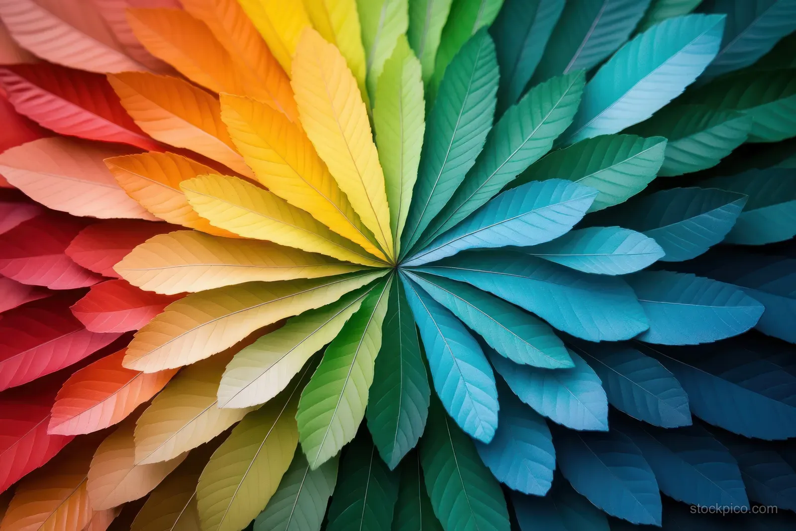 Close-up fan of layered leaves transitioning from green to yellow under soft natural lighting.