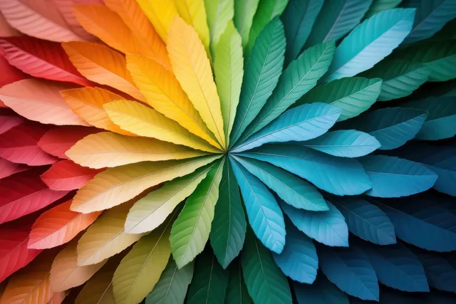 Colorful leaf fan gradient transitioning from green to yellow with natural light
