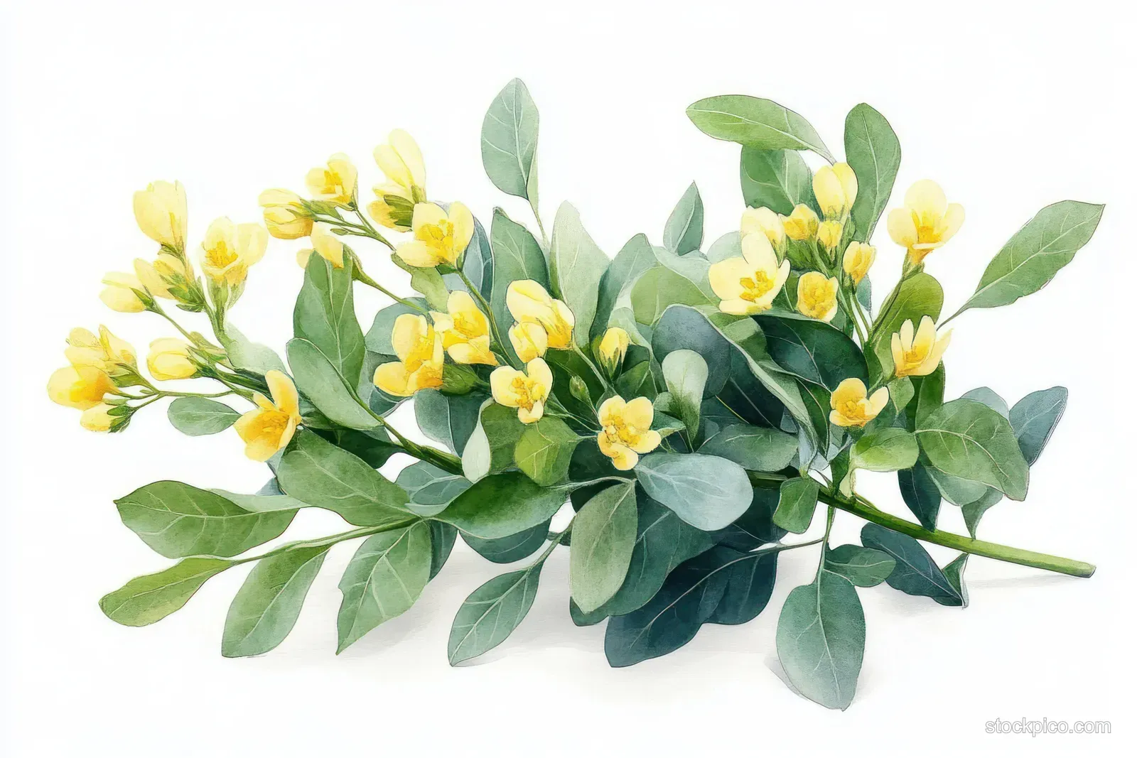 Watercolor wormwood herb with yellow flower clusters and silvery-green leaves on a white background.