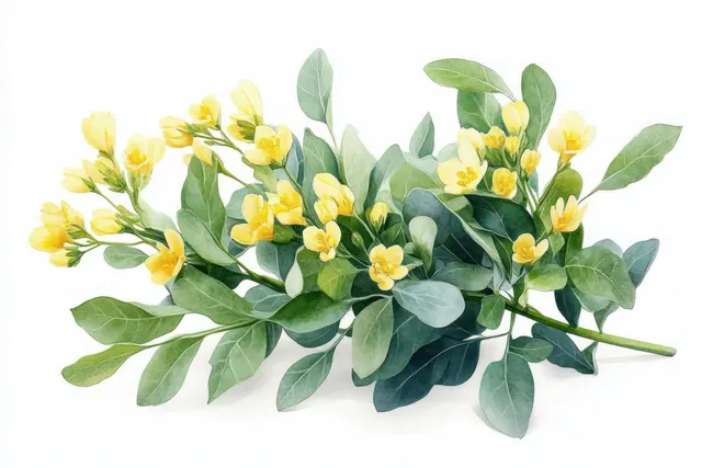Watercolor wormwood plant with yellow blossoms and silvery leaves on clean white backdrop