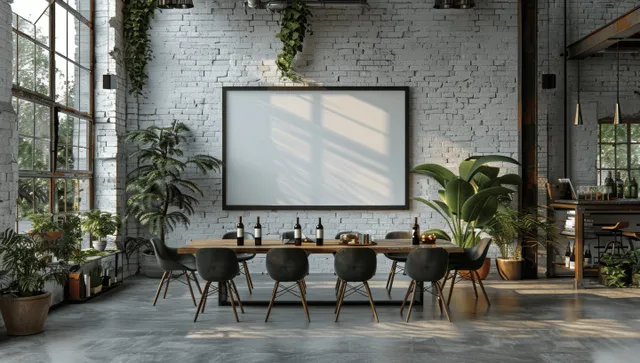 Empty poster mockup hangs on a white brick wall above a wooden conference table with wine bottles and chairs.