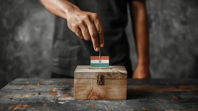 A hand inserts an Indian election ballot into a wooden ballot box on a dark table.