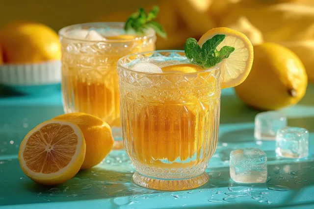 Iced lemon drink in ornate glass tumblers with mint and lemon slices on a turquoise surface with ice cubes.