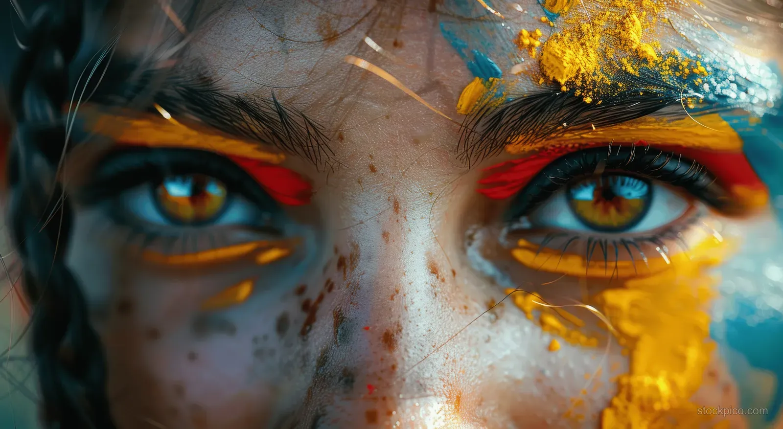 Close-up of a female German soccer fan with face paint in black, red, and gold.