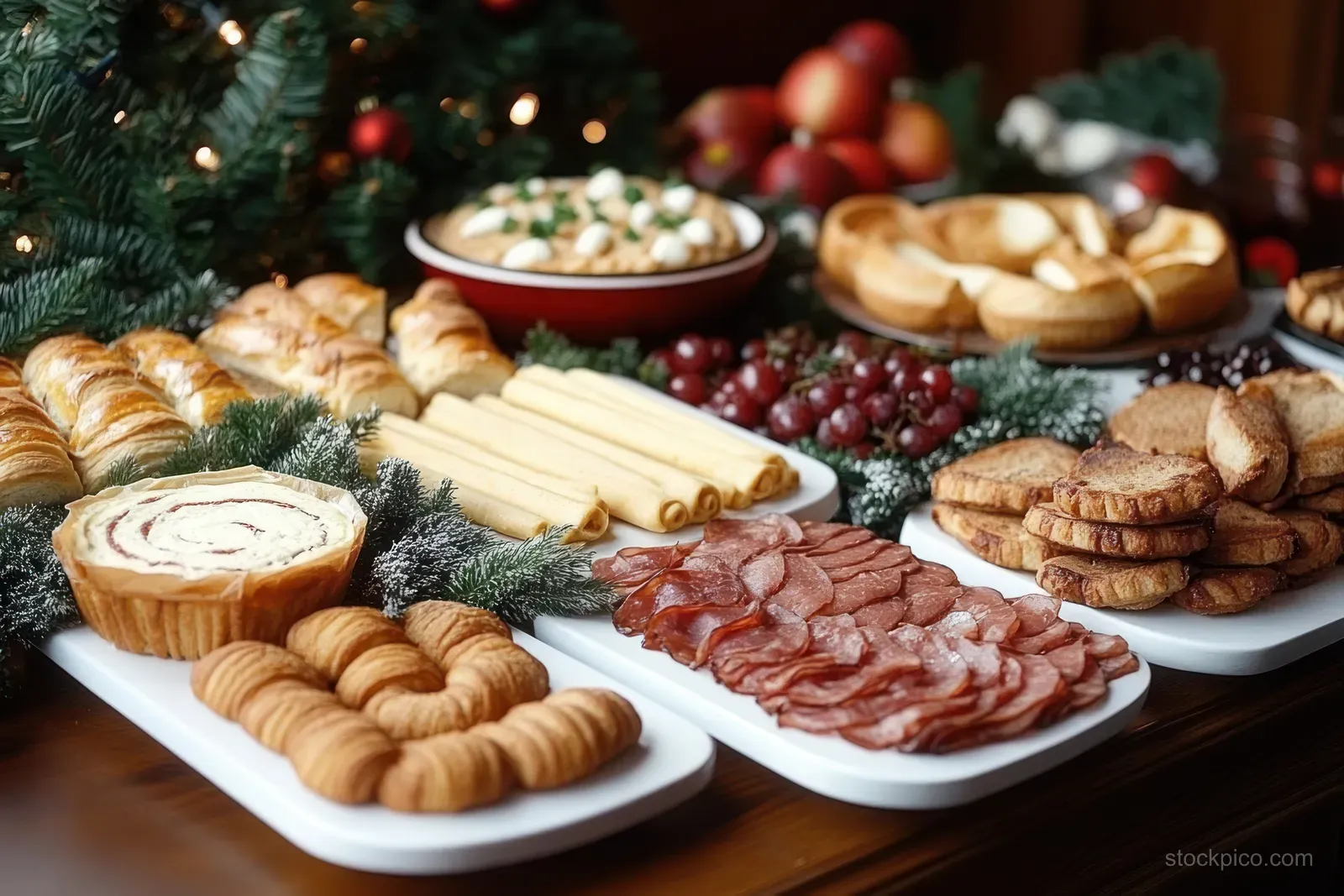 Holiday appetizer spread on white platters featuring croissants, sliced deli meat, cookies, grapes, and creamy dip under warm lights.