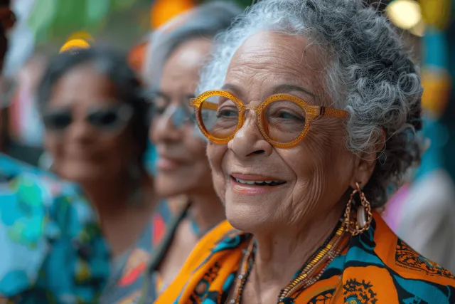 Senior woman smiles and chats with friends outdoors on a lively city street