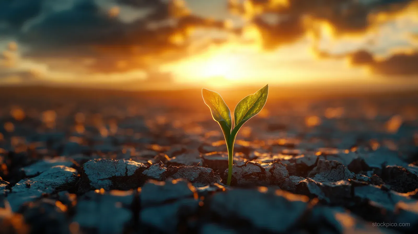 A tiny green sprout rises from cracked brown earth in warm sunset light.