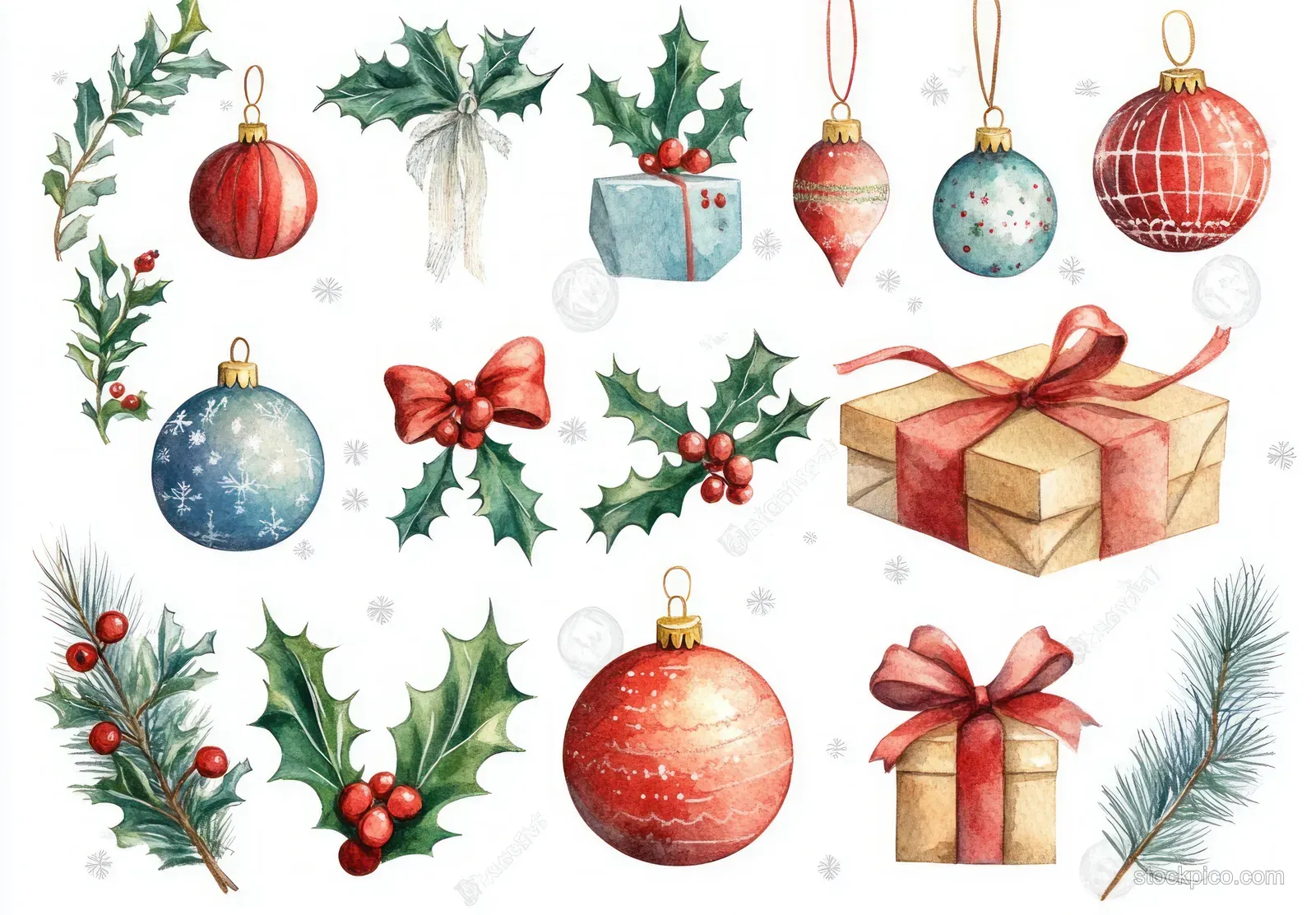 Watercolor Christmas ornaments and wrapped gifts with holly leaves arranged on a white snowy background.