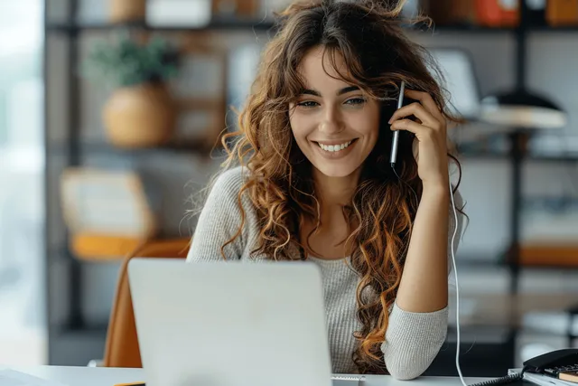 Smiling businesswoman taking a call while writing ideas in a quiet office workspace