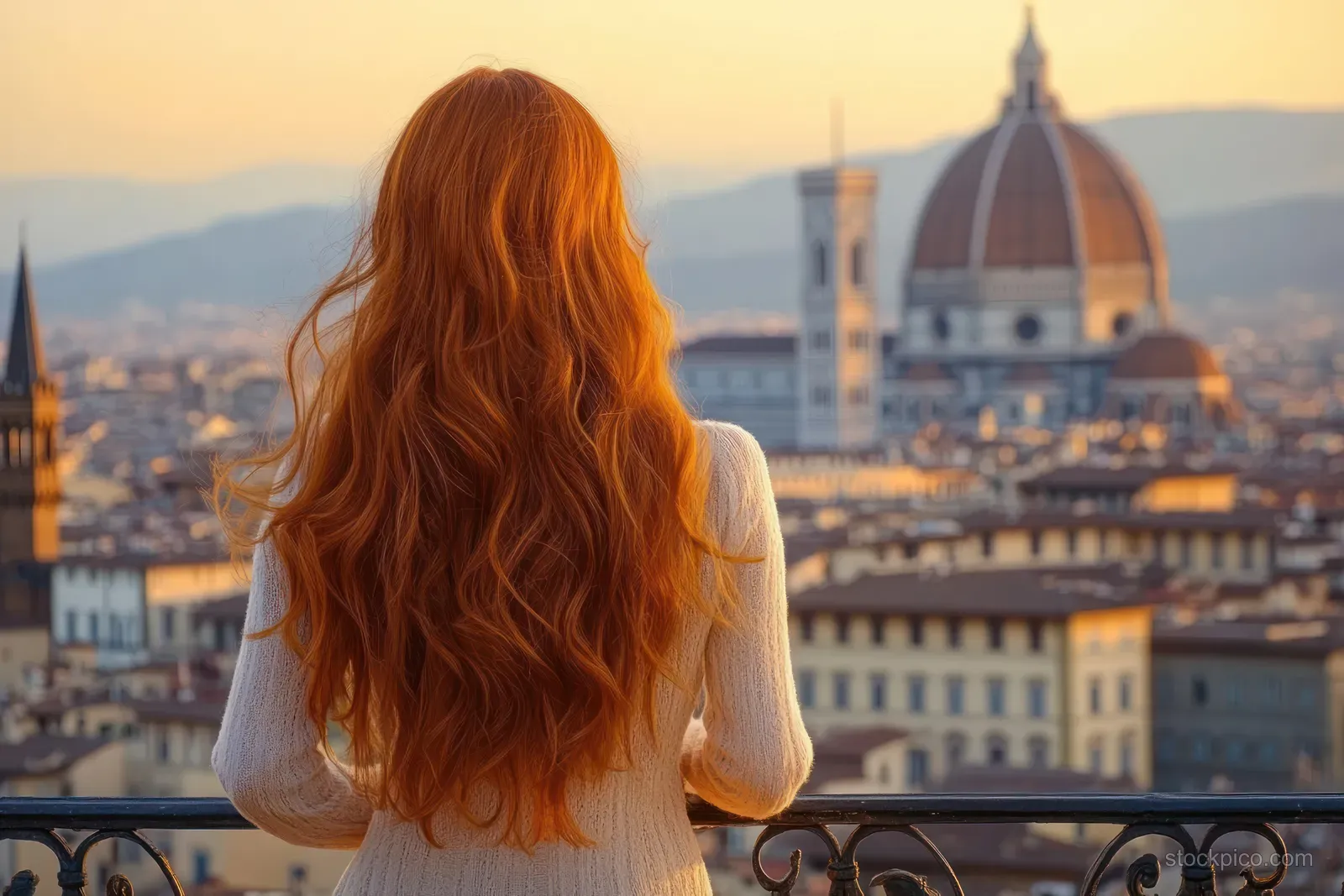 Woman in a white sweater with long red hair gazes over a historic city dome and skyline at sunset from a balcony.