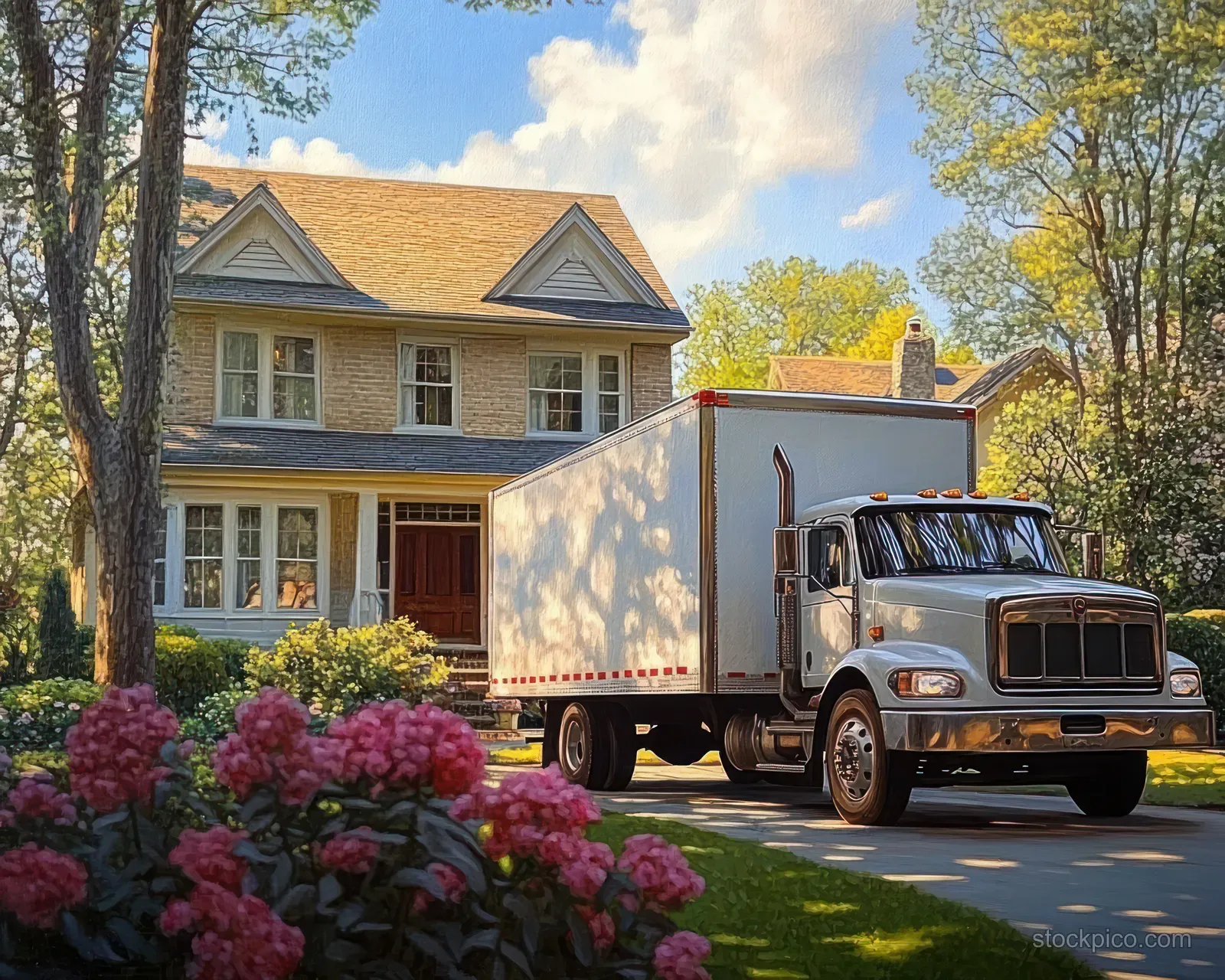 White delivery truck parked in front of a two-story house with pink flowering bushes and green trees.