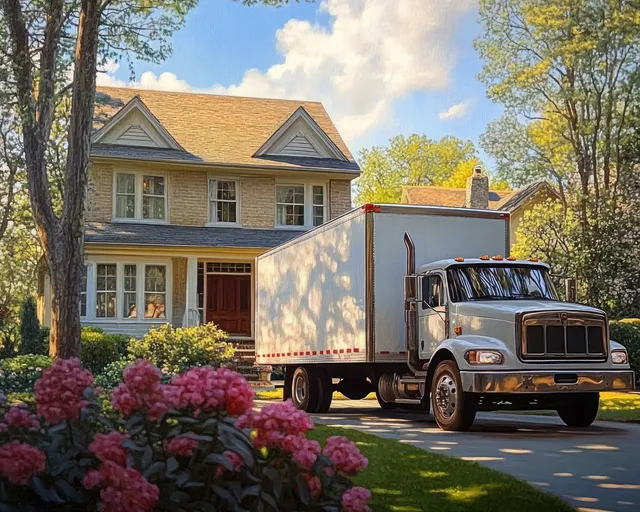 White delivery truck parked in front of a two-story house with pink flowering bushes and green trees.