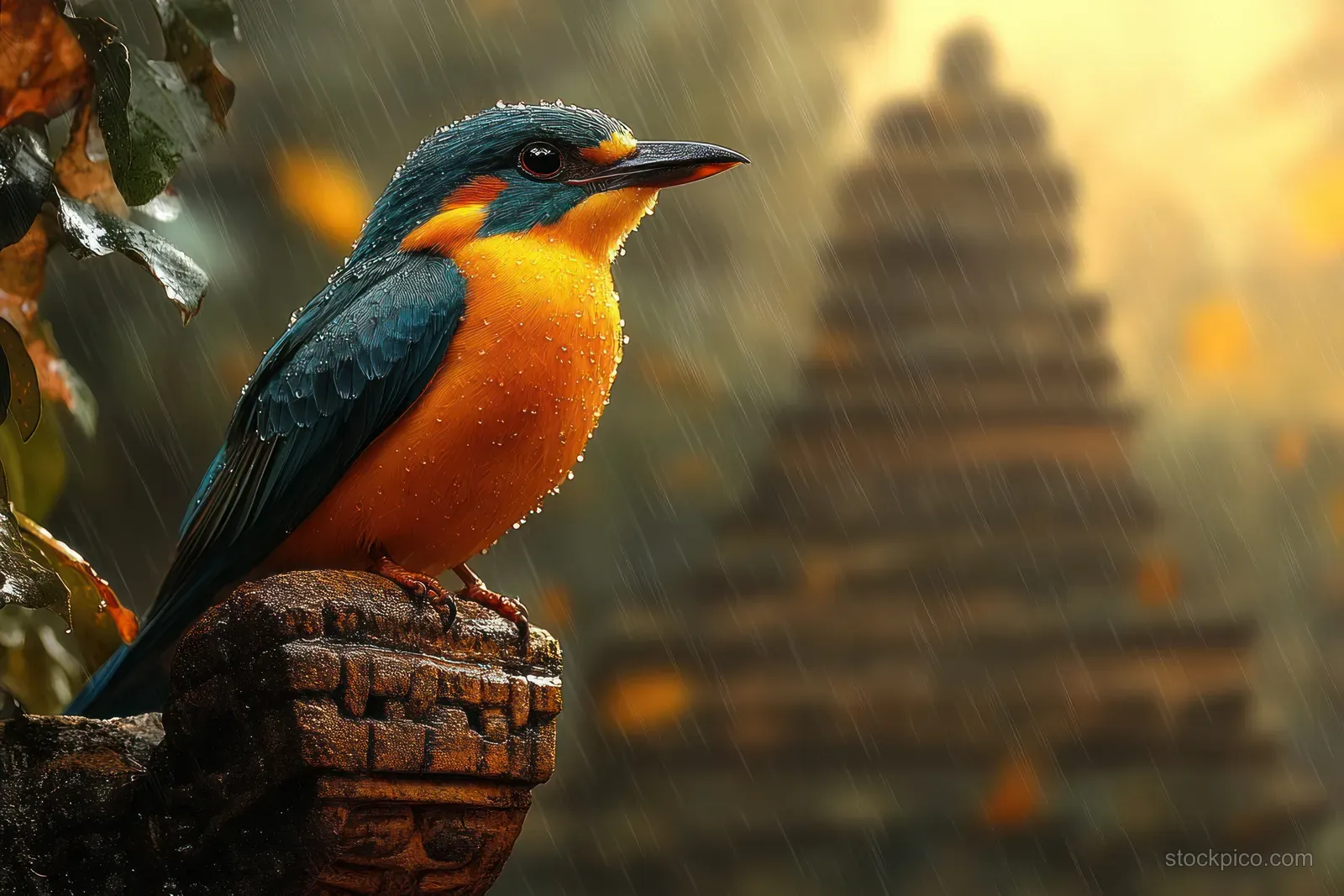 A vivid trogon perches on a branch beside a stone marker with a misty Mayan temple in the background at Tikal.