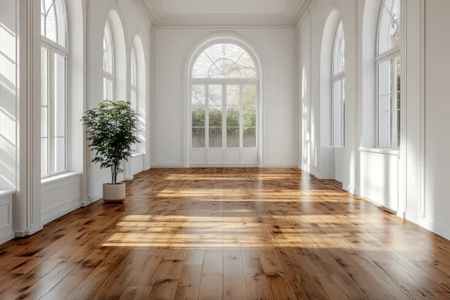 Minimal empty interior hall with white walls, arched windows, and warm brown wooden flooring under soft daylight.