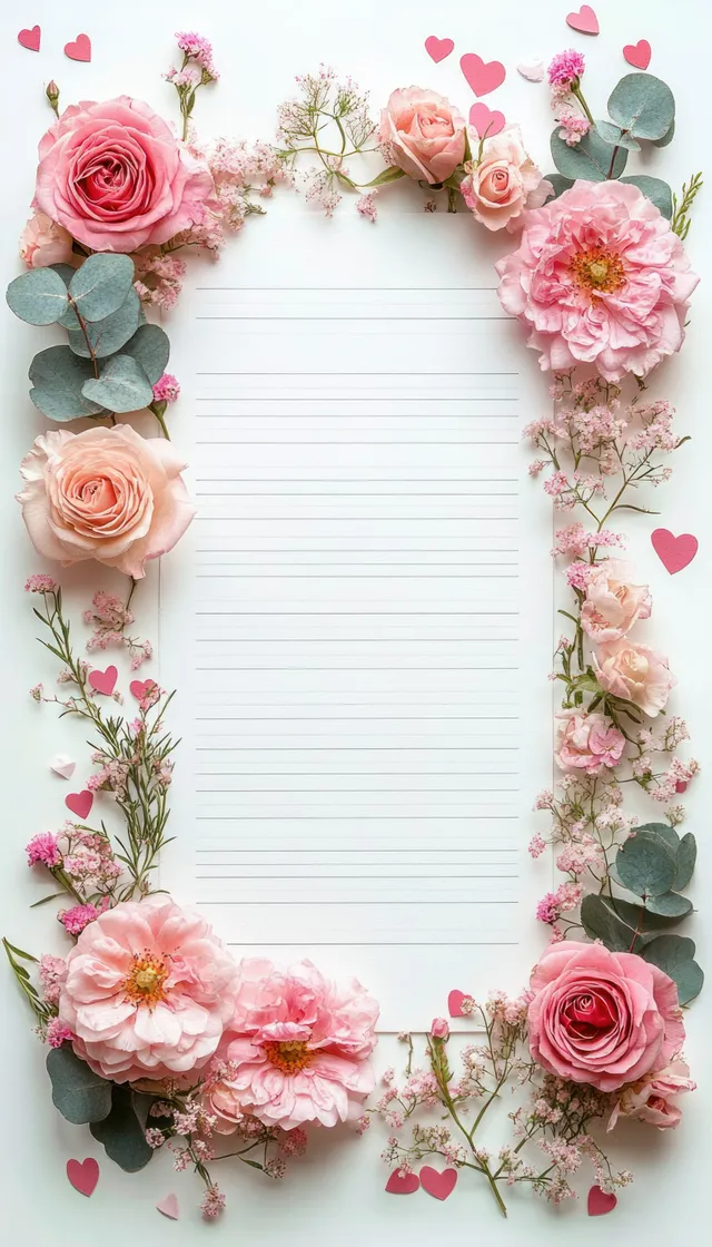 Lined white paper bordered with pink roses, eucalyptus, baby’s breath flowers, and heart confetti.