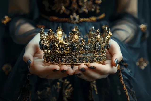 Gloved hands cradle a glowing gold medieval crown against a dark fantasy background.