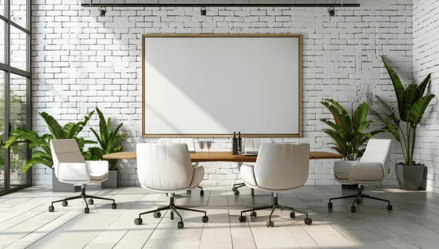 Sunlit modern conference room with empty chairs, wooden table, and wine on tabletop