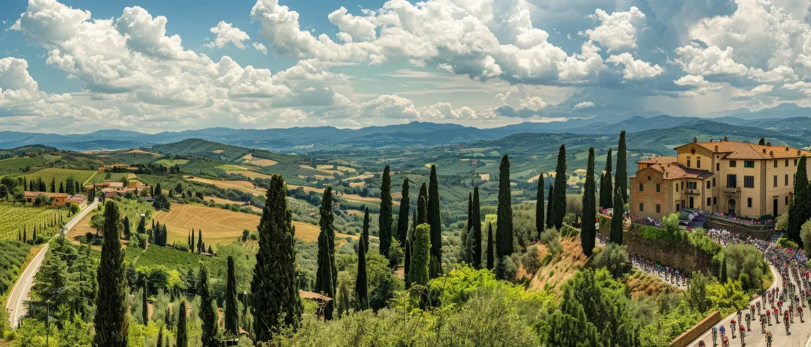 Men cyclists race along a winding Italian countryside road beside tall cypress trees and hillside villas.