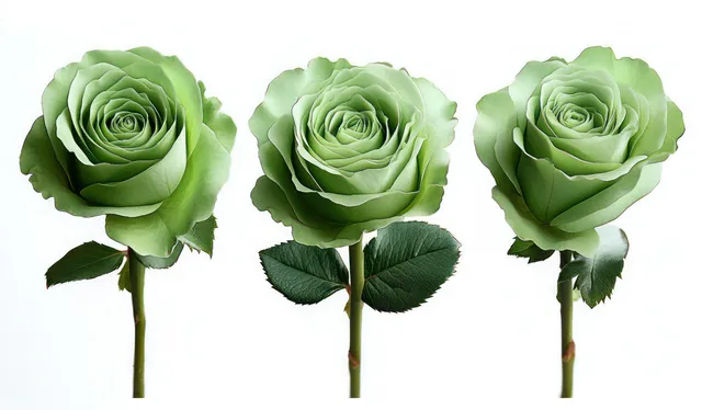 Three green roses with detailed petals and leaves on stems against a white background.