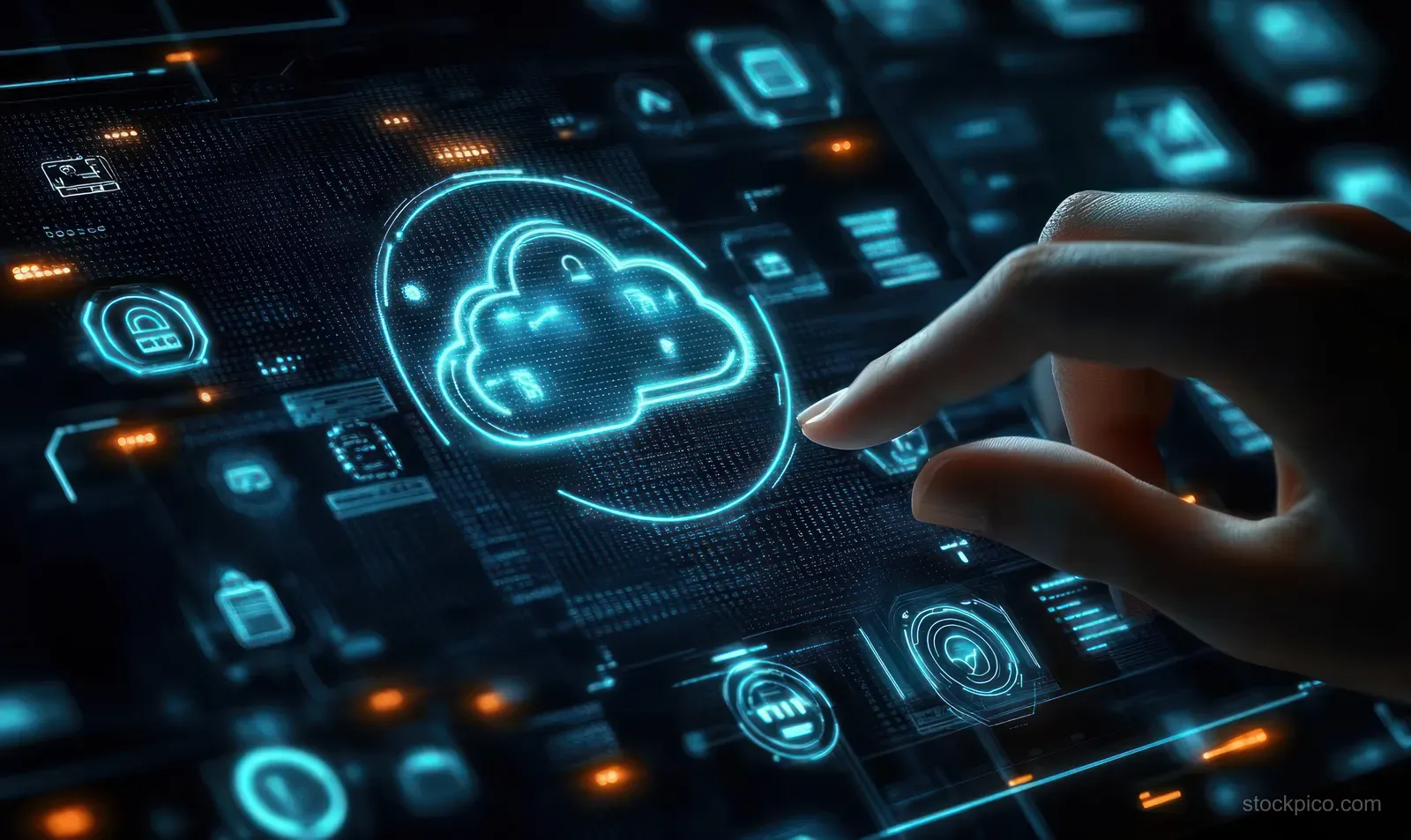 A hand touches a glowing cloud backup icon on a neon blue digital dashboard.