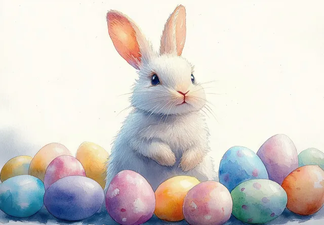 Fluffy white bunny peeking among pastel Easter eggs with soft light and gentle curiosity