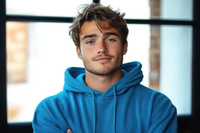 A young man in a blue hoodie stands indoors by a window with arms crossed in soft daylight.
