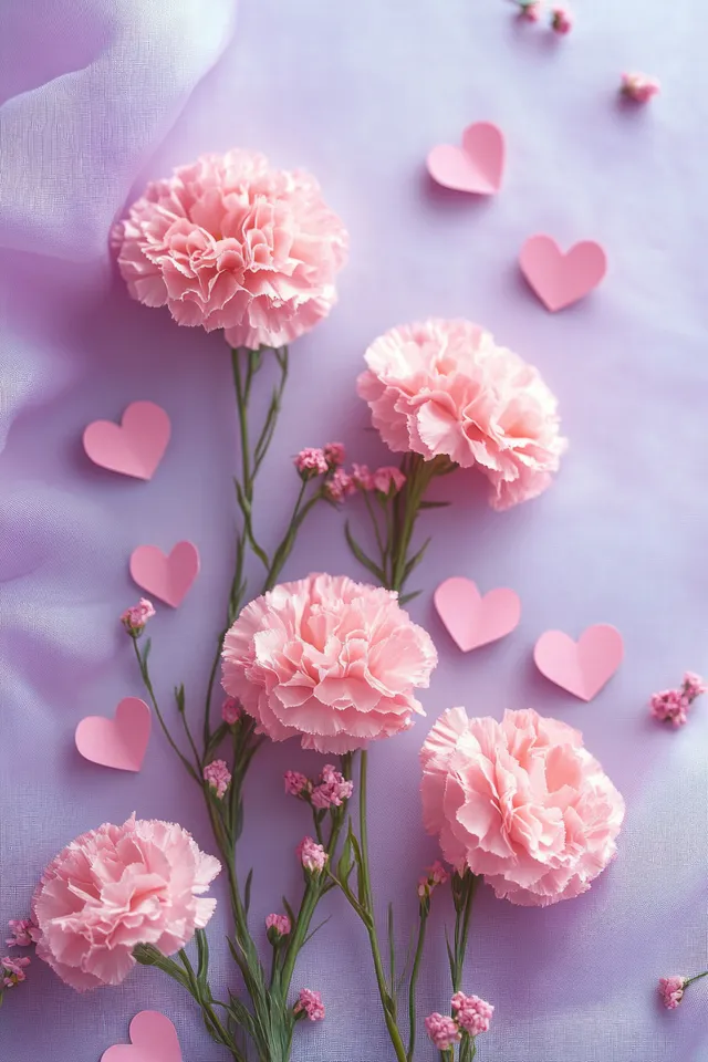 Pink carnation blooms on lavender fabric with scattered pink paper hearts around them.