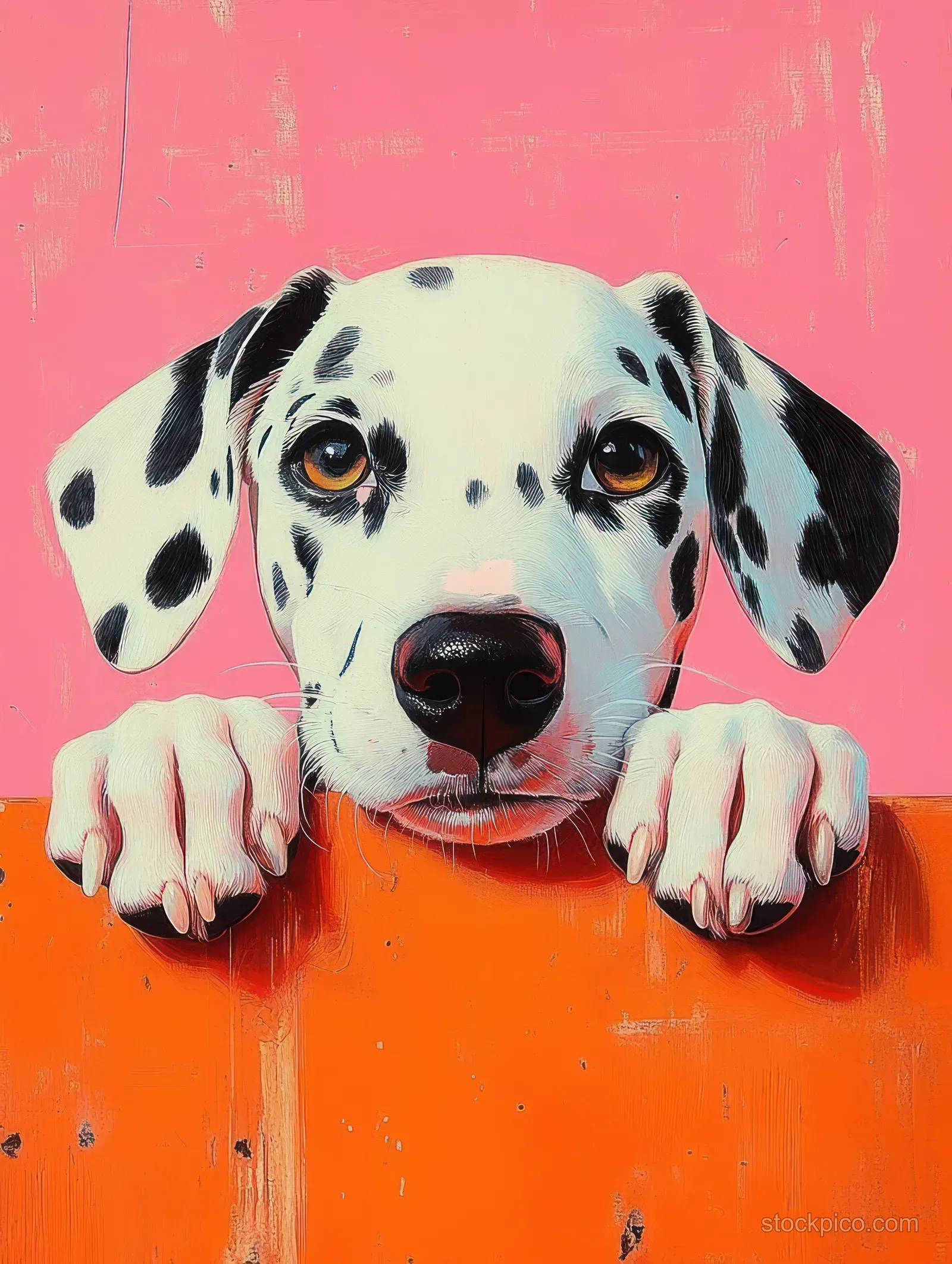 Dalmatian puppy peeks over an orange surface with brown eyes against a solid pink background.