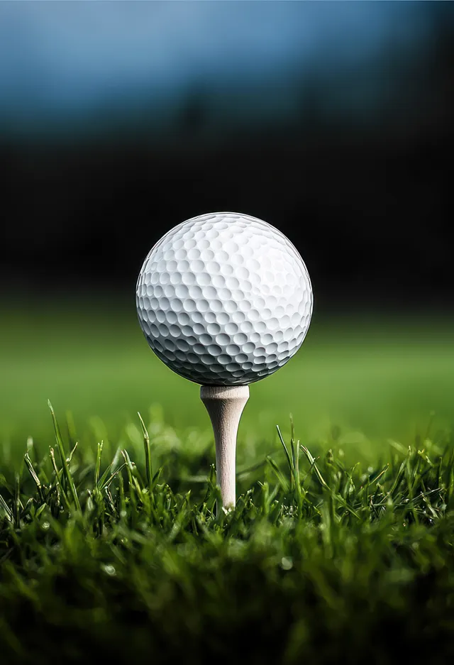 A white golf ball rests on a wooden tee in green grass with a blurred golf course background.