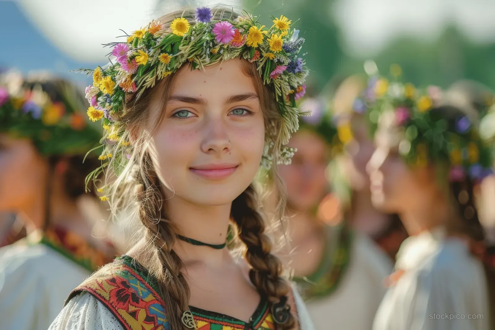 A young Slavic woman dances at a midsummer festival wearing a colorful floral wreath and traditional folk dress.