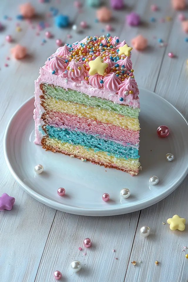 Slice of pastel layered cake on a white plate with star candies and colorful sprinkles