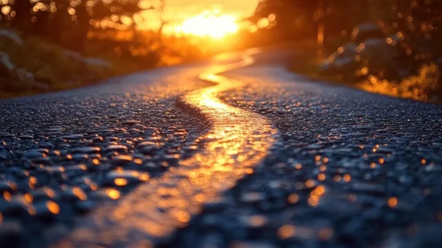 Sunlit road with shimmering reflections leads toward a bright horizon, suggesting forward progress and vision.