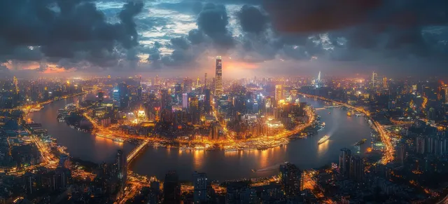 Panoramic skyline at dusk with a winding river and brightly lit skyscrapers under dramatic clouds.