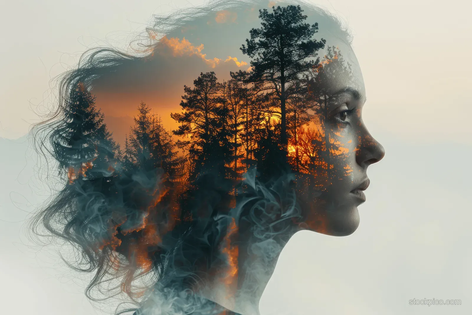 Woman’s side profile is blended with forest trees and green woods in a double-exposure style composition.