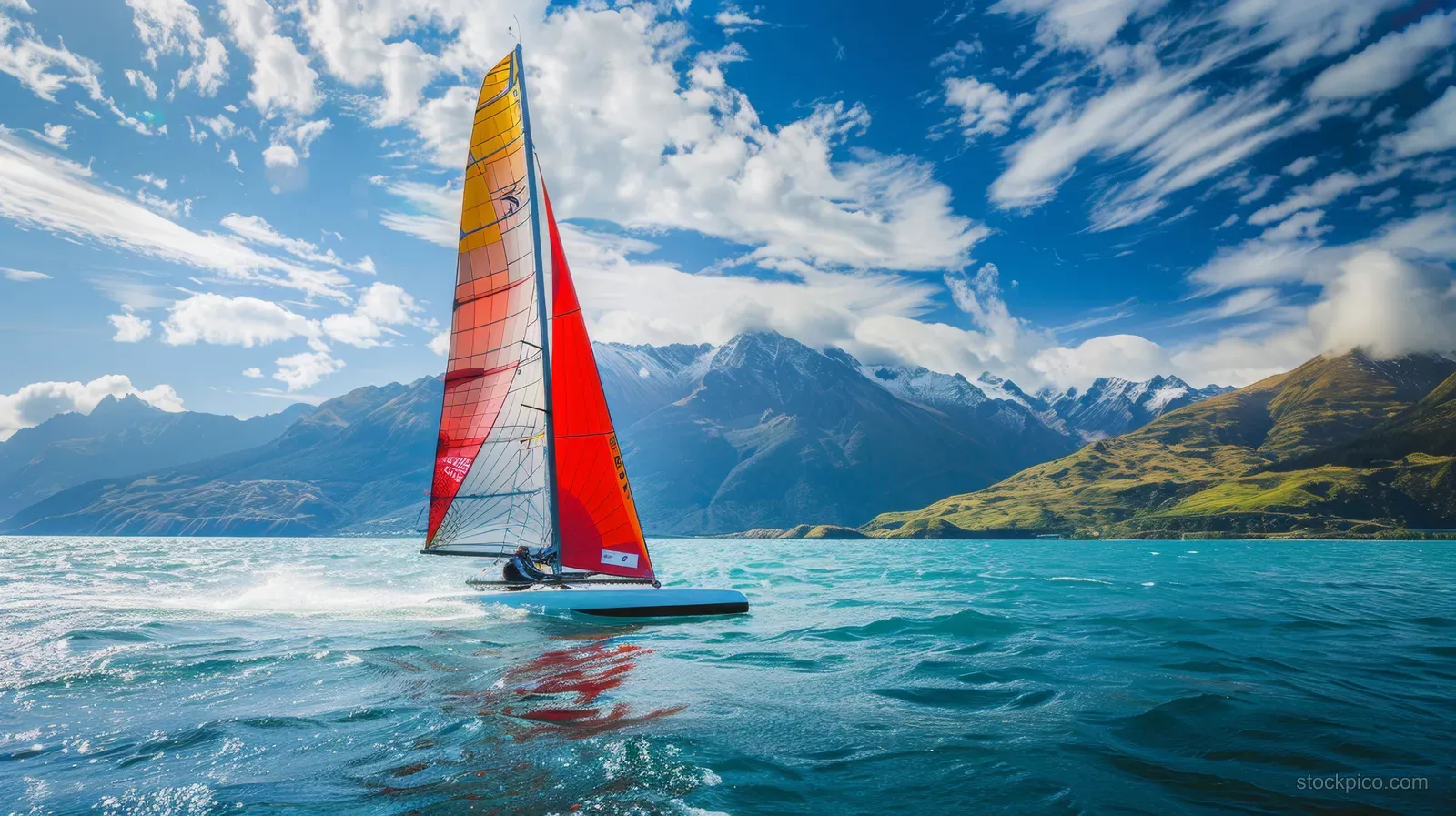 A Nacra 17 catamaran races on turquoise water with a red sail and mountains in the distance under blue clouds.