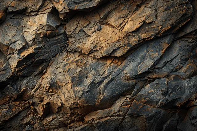 Cracked dark brown and rust-red granite rock wall with sharp stone texture