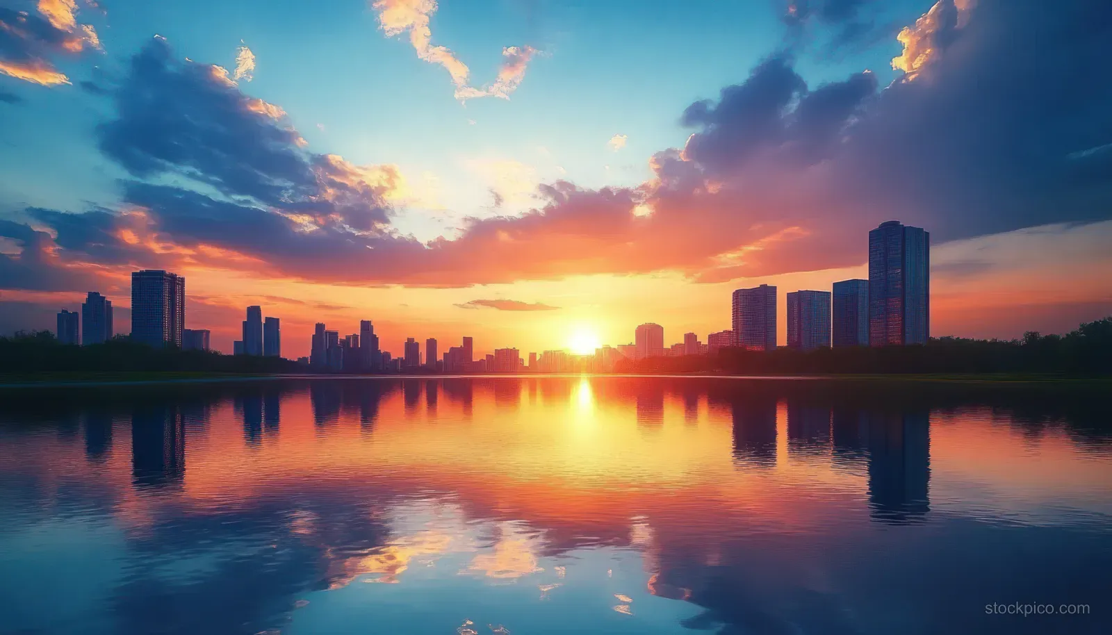 Sunset skyline with skyscraper silhouettes reflected in calm river water under colorful clouds.