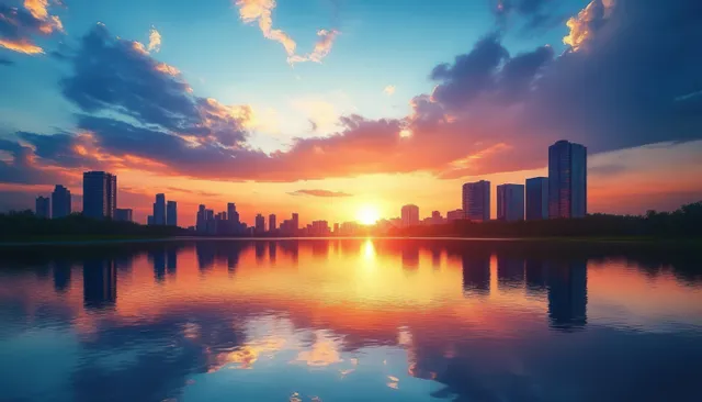 City skyline at sunset with glowing reflections across calm river water