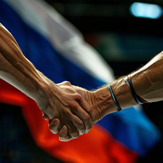 Two freestyle wrestlers clasp hands firmly during a match with a flag backdrop in a lit arena.