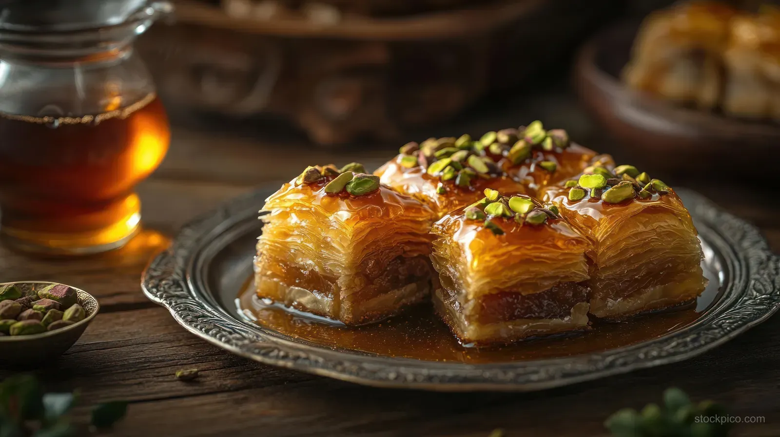 Layered pistachio baklava on an ornate silver plate with honey and scattered nuts on a rustic wooden table.