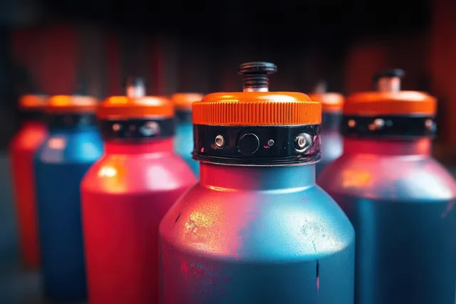 Colorful aluminum water bottles with orange lids are arranged in a row against a dark background.
