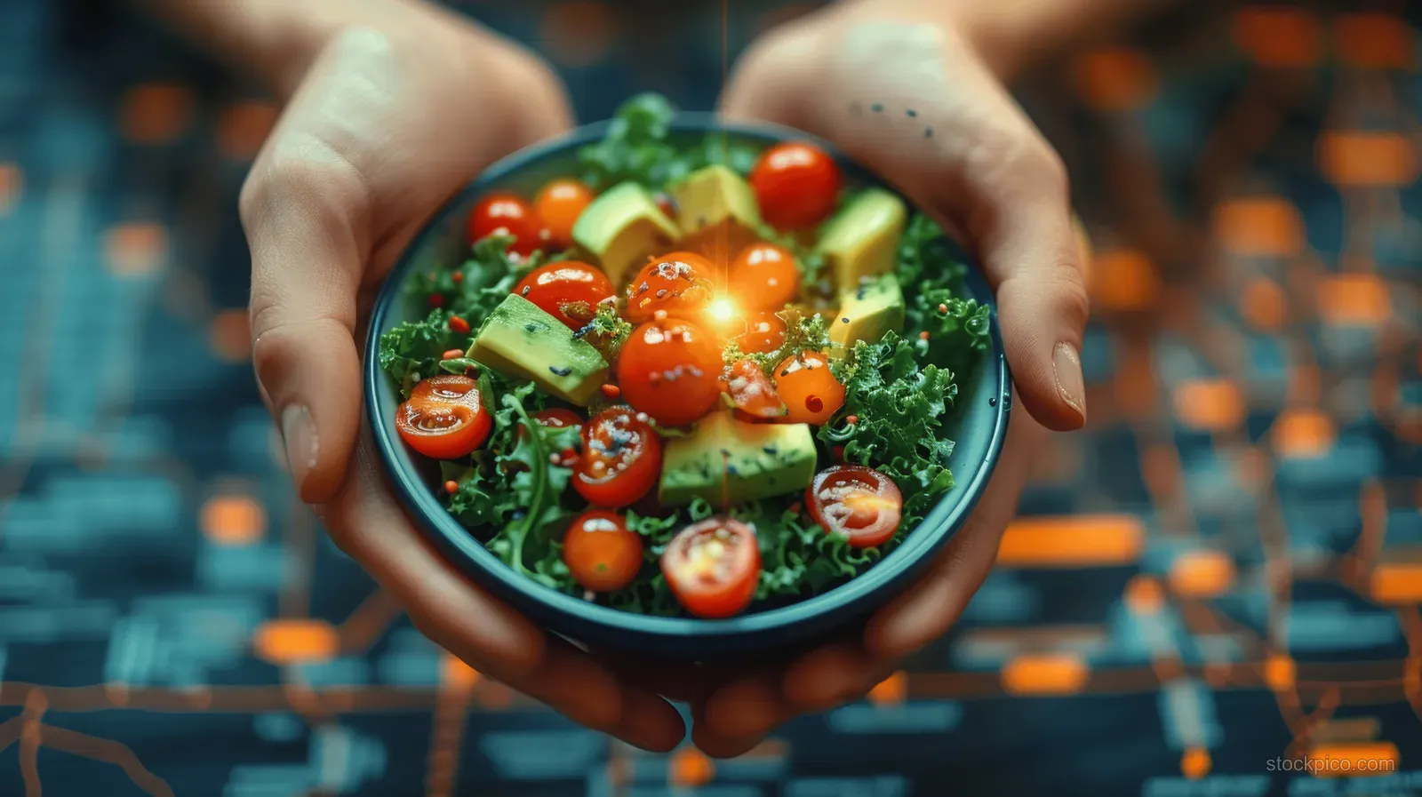 Hands hold a salad bowl with avocado, cherry tomatoes, and greens.